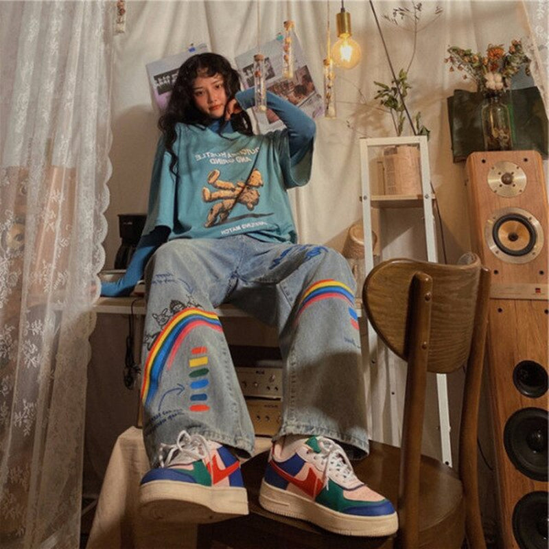 Rainbow Printed Pants Women Summer Retro Jeans, Denim Trousers Printed Washed Jeans, Casual Streetwear