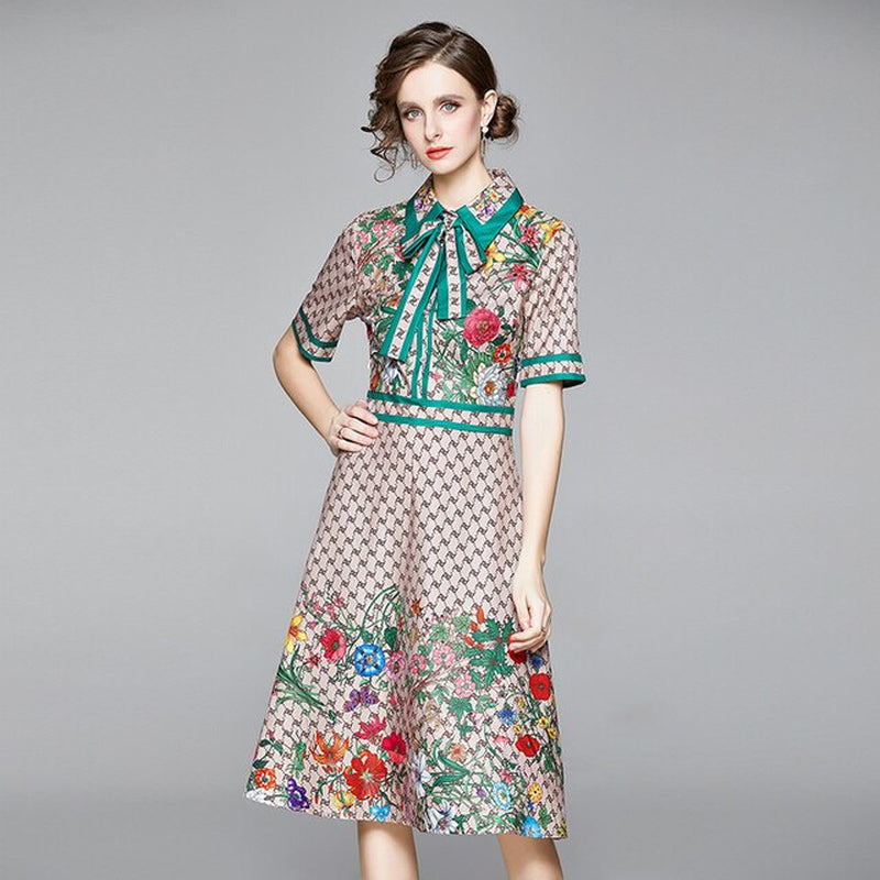 Runway Ready! Bowknot Dress Women's Short Sleeve Shirt Collar Floral Letter Printed Khaki Midi Dresses