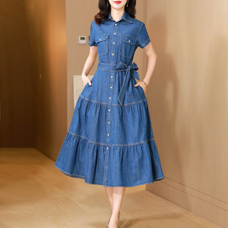 Cotton Large Hem Shirt Dress Long Skirt Denim Dress