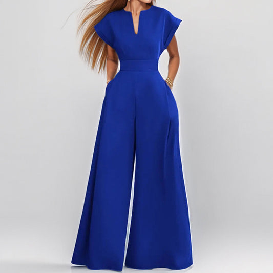 Women's Elegant Solid Color And V-neck Sleeveless Waist Wide-leg Jumpsuit