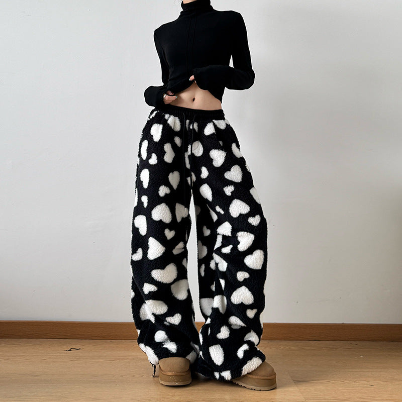 Loose Lamb Wool Polka Dot Female Casual Jogger Pants