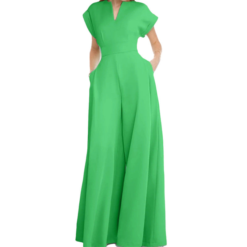 Women's Elegant Solid Color And V-neck Sleeveless Waist Wide-leg Jumpsuit