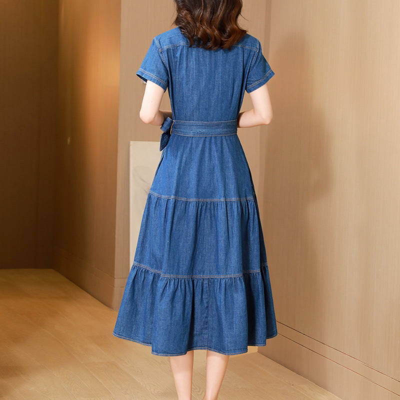 Cotton Large Hem Shirt Dress Long Skirt Denim Dress