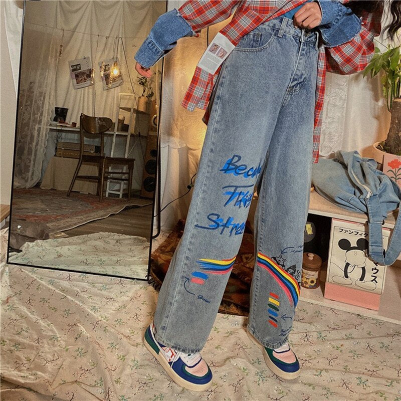 Rainbow Printed Pants Women Summer Retro Jeans,  Denim Trousers Printed Washed Jeans, Casual Streetwear