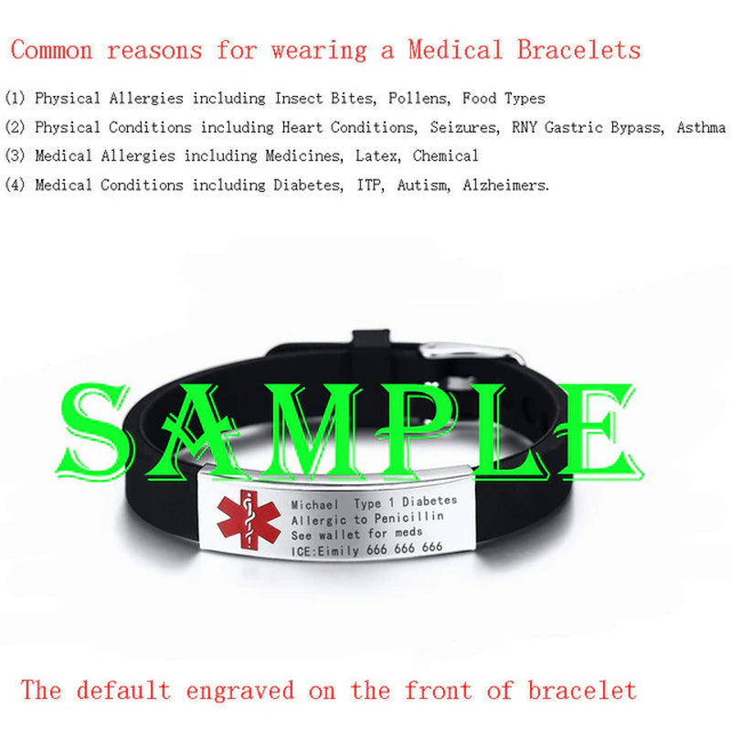 Medical Alert ID Bracelet DIABETES EPILEPSY ALZHEIMER'S ALLERGY SOS Women Men Personalized, Engravable  Jewelry