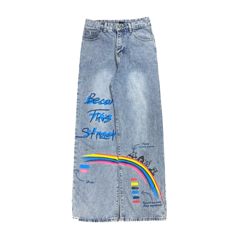 Rainbow Printed Pants Women Summer Retro Jeans,  Denim Trousers Printed Washed Jeans, Casual Streetwear