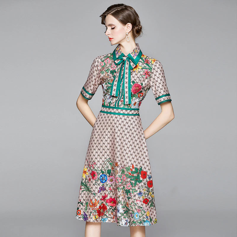 Runway Ready! Bowknot Dress Women's Short Sleeve Shirt Collar Floral Letter Printed Khaki Midi Dresses 