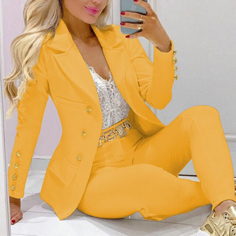 Boss Lady Plaid Printed Blazer Long Pants Suits, Women's Casual Long Sleeve Two Piece Sets, Fashionable Business Attire Elegant