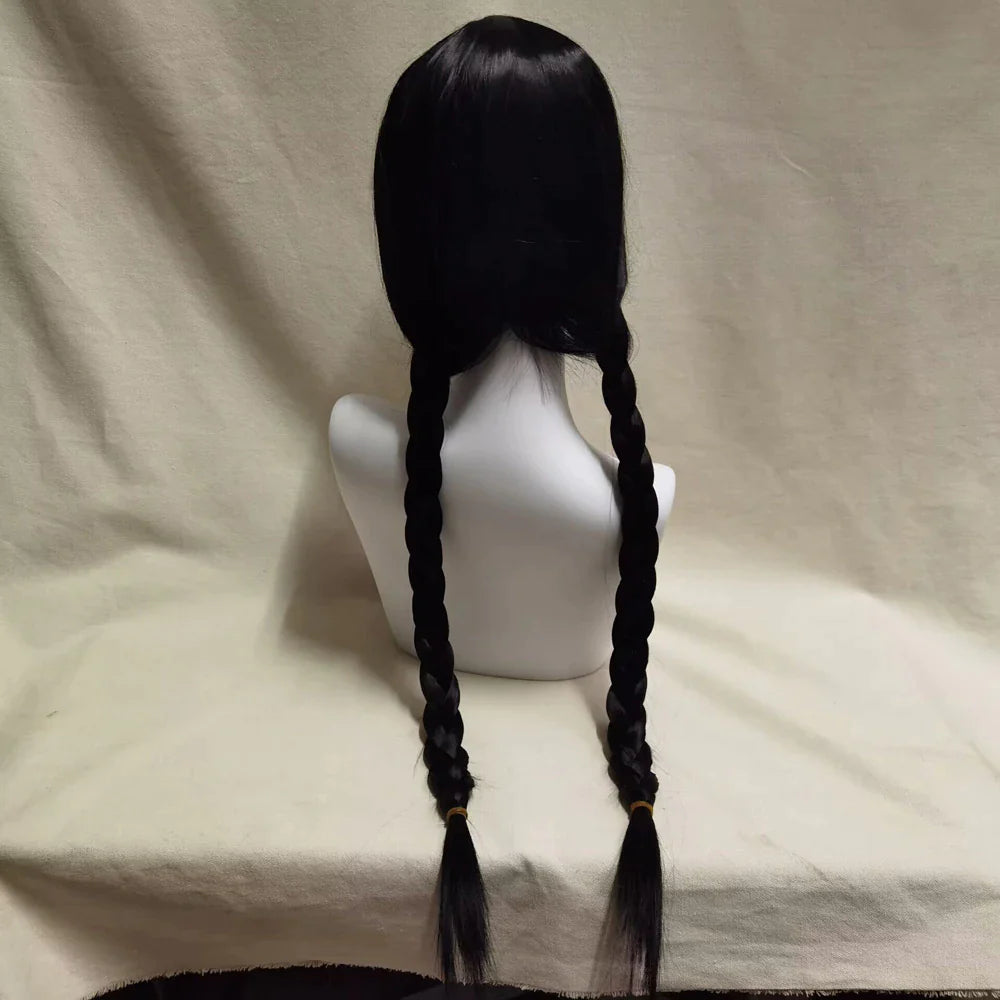 Addams Family Cosplay 2 Braid Wig, Wednesday Addams Long Black Braids Hair Heat Resistant Synthetic Wigs, Bangs for Halloween Party