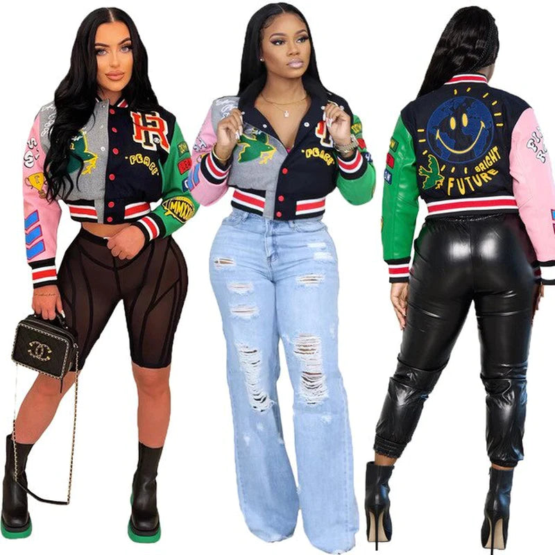 Women Crop Cut Varsity Print Baseball Jacket, Letterman Style Jacket, Streetwear Racing Coat