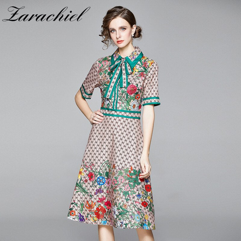 Runway Ready! Bowknot Dress Women's Short Sleeve Shirt Collar Floral Letter Printed Khaki Midi Dresses 