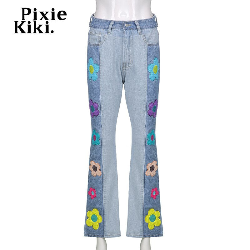 Vintage Flower Patchwork Jeans For Women, High Waist Denim Trousers, Flower Child Indie Clothes