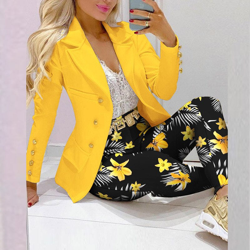 Boss Lady Plaid Printed Blazer Long Pants Suits, Women's Casual Long Sleeve Two Piece Sets, Fashionable Business Attire Elegant