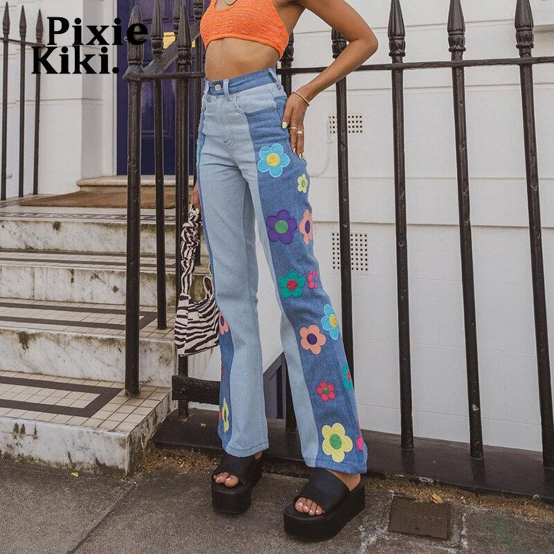 Vintage Flower Patchwork Jeans For Women, High Waist Denim Trousers, Flower Child Indie Clothes