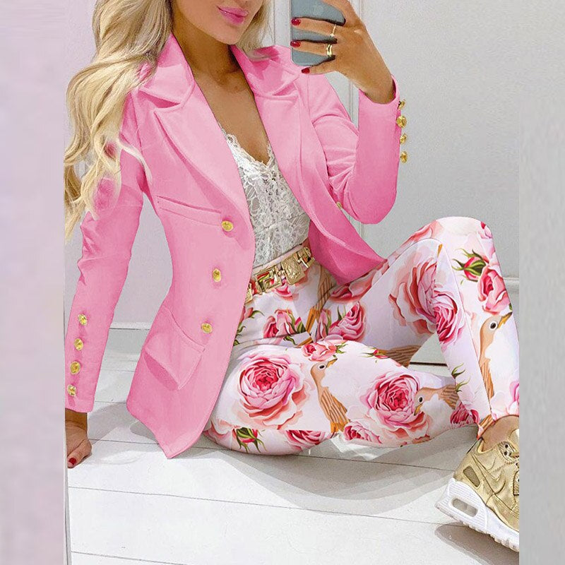 Boss Lady Plaid Printed Blazer Long Pants Suits, Women's Casual Long Sleeve Two Piece Sets, Fashionable Business Attire Elegant