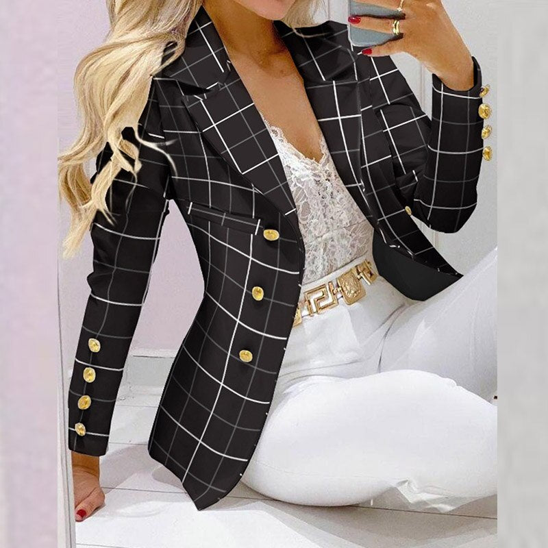 Boss Lady Plaid Printed Blazer Long Pants Suits, Women's Casual Long Sleeve Two Piece Sets, Fashionable Business Attire Elegant