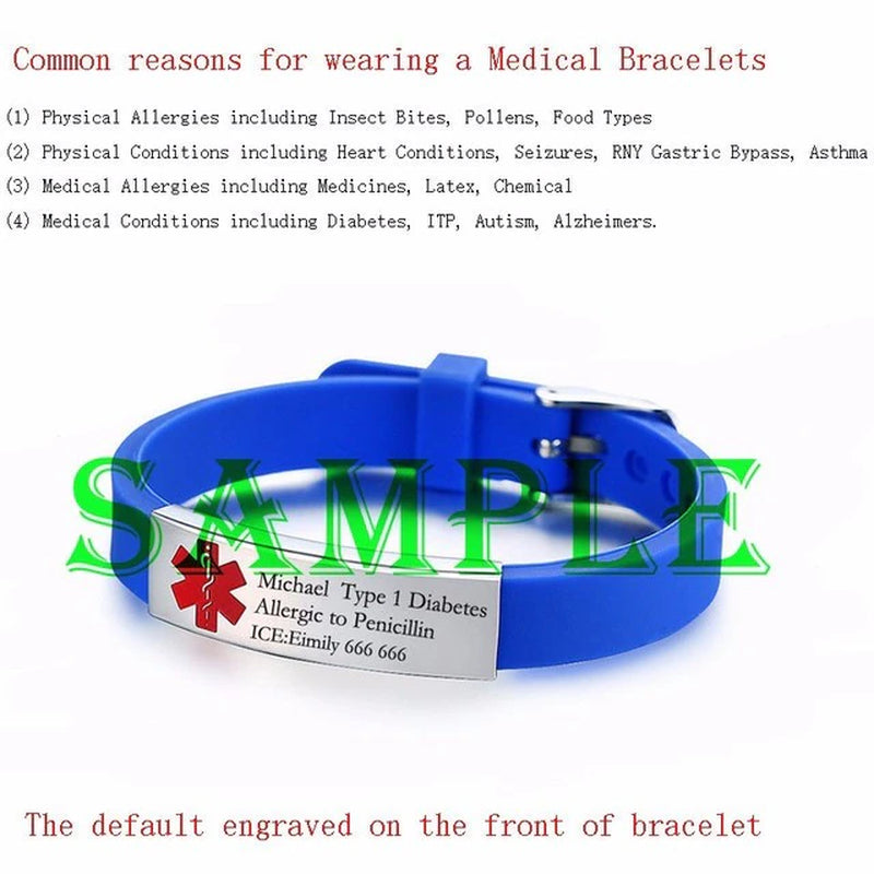 Medical Alert ID Bracelet DIABETES EPILEPSY ALZHEIMER'S ALLERGY SOS Women Men Personalized, Engravable  Jewelry