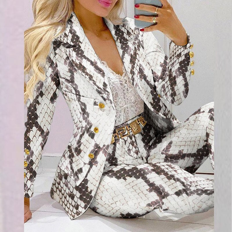 Boss Lady Plaid Printed Blazer Long Pants Suits, Women's Casual Long Sleeve Two Piece Sets, Fashionable Business Attire Elegant