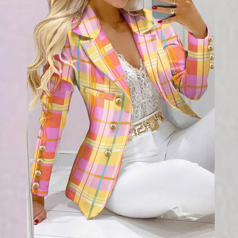 Boss Lady Plaid Printed Blazer Long Pants Suits, Women's Casual Long Sleeve Two Piece Sets, Fashionable Business Attire Elegant