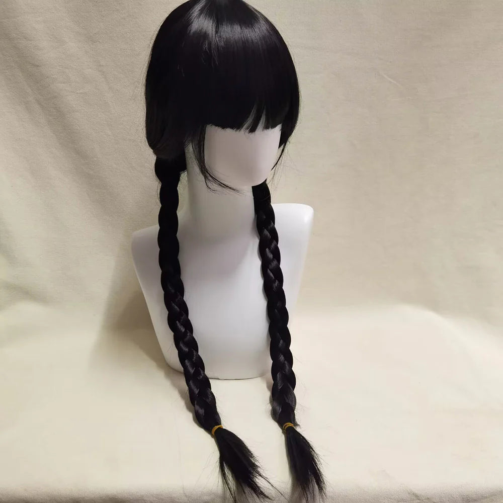 Addams Family Cosplay 2 Braid Wig, Wednesday Addams Long Black Braids Hair Heat Resistant Synthetic Wigs, Bangs for Halloween Party