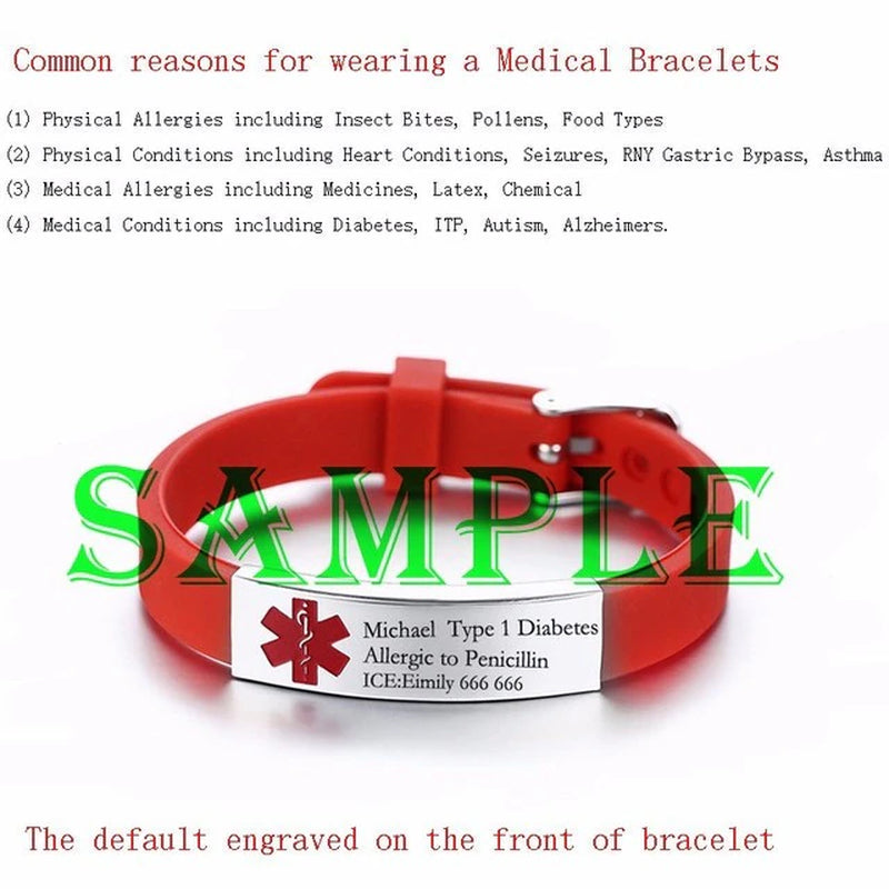 Medical Alert ID Bracelet DIABETES EPILEPSY ALZHEIMER'S ALLERGY SOS Women Men Personalized, Engravable  Jewelry