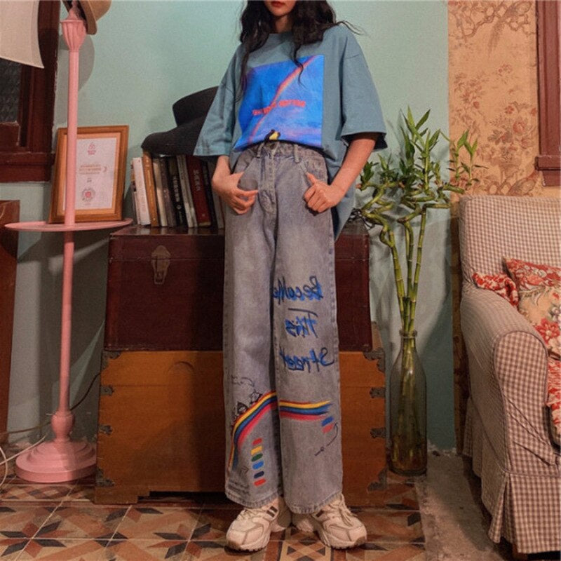 Rainbow Printed Pants Women Summer Retro Jeans,  Denim Trousers Printed Washed Jeans, Casual Streetwear