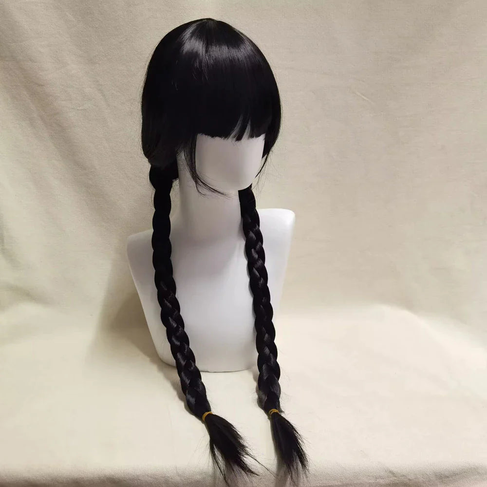 Addams Family Cosplay 2 Braid Wig, Wednesday Addams Long Black Braids Hair Heat Resistant Synthetic Wigs, Bangs for Halloween Party