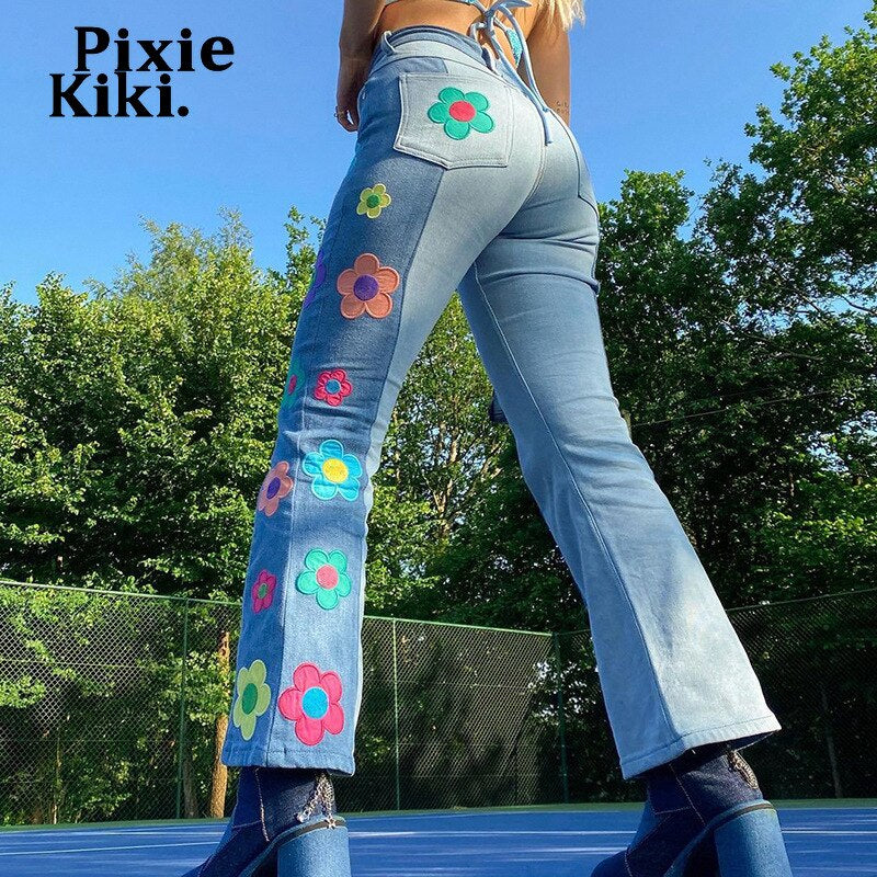 Vintage Flower Patchwork Jeans For Women, High Waist Denim Trousers, Flower Child Indie Clothes