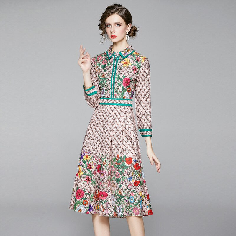 Runway Ready! Bowknot Dress Women's Short Sleeve Shirt Collar Floral Letter Printed Khaki Midi Dresses 