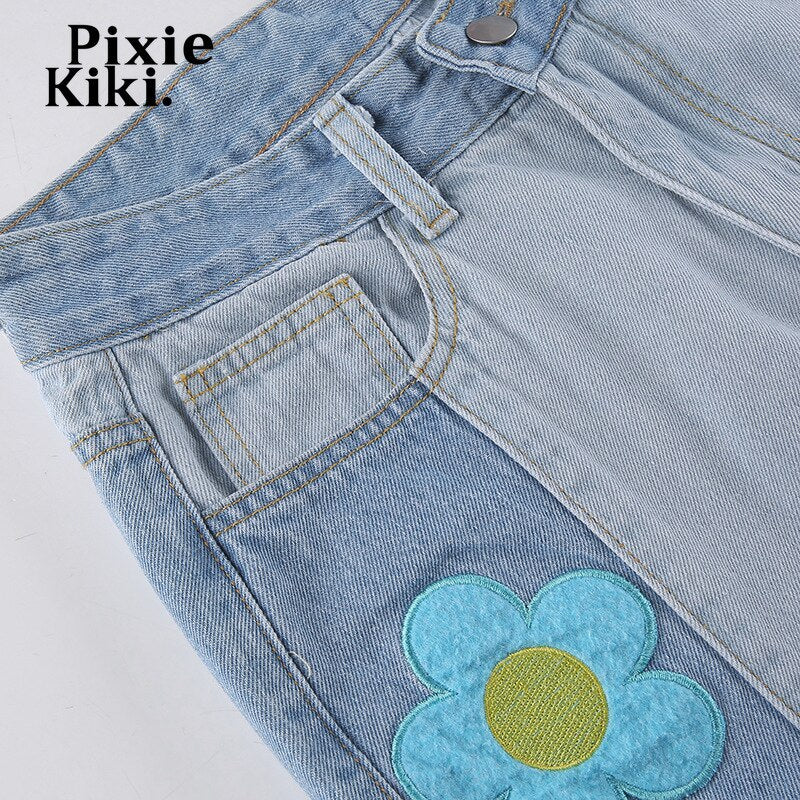 Vintage Flower Patchwork Jeans For Women, High Waist Denim Trousers, Flower Child Indie Clothes