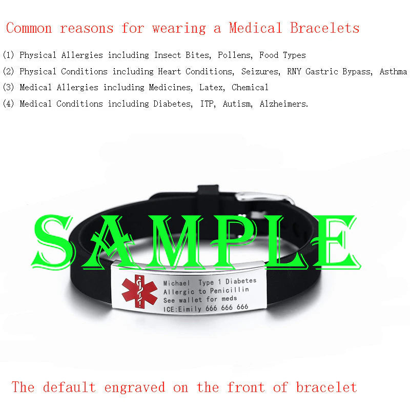 Medical Alert ID Bracelet DIABETES EPILEPSY ALZHEIMER'S ALLERGY SOS Women Men Personalized, Engravable  Jewelry